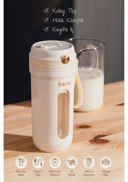 Taşınabilir 80W Kişisel Smoothie Blender, 350ML, Şarjlı, Çok Fonksiyonlu, Krem Renk fiyatları