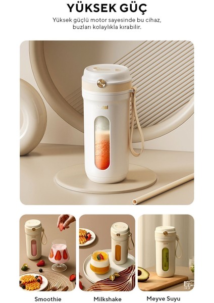 Taşınabilir 80W Kişisel Smoothie Blender, 350ML, Şarjlı, Çok Fonksiyonlu, Krem Renk indirimleri