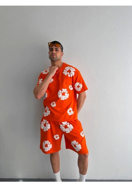 Iki Iplik Kumaş Baskılı T-Shirt Şortlu Takım- Turuncu fiyatları