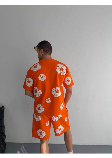 Iki Iplik Kumaş Baskılı T-Shirt Şortlu Takım- Turuncu modelleri