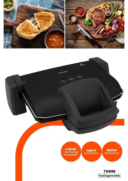 Çıkarılabilir Plakalı, Ayarlanabilir 1800W Tost ve Izgara Makinesi, Siyah Renk