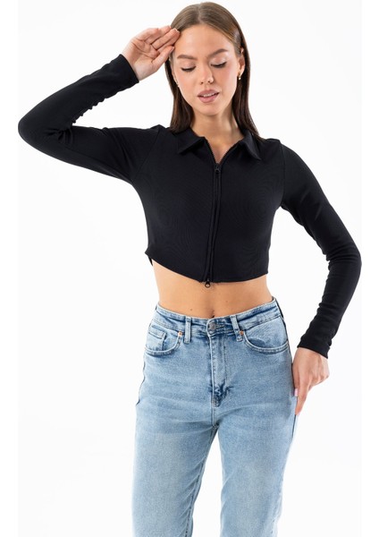 Kadın Polo Yaka Çift Fermuarlı Crop Sweatshirt Siyah - 26K 1785