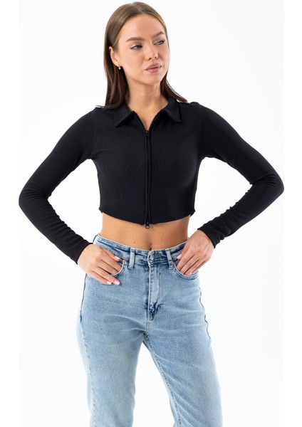 Kadın Polo Yaka Çift Fermuarlı Crop Sweatshirt Siyah - 26K 1785 fiyatları