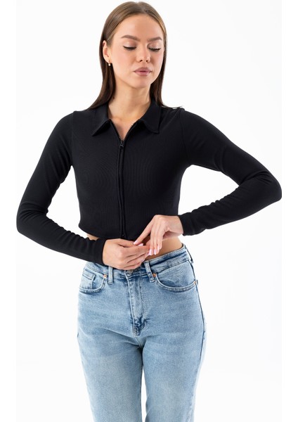 Kadın Polo Yaka Çift Fermuarlı Crop Sweatshirt Siyah - 26K 1785 modelleri