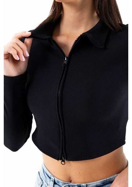 Kadın Polo Yaka Çift Fermuarlı Crop Sweatshirt Siyah - 26K 1785 indirimleri