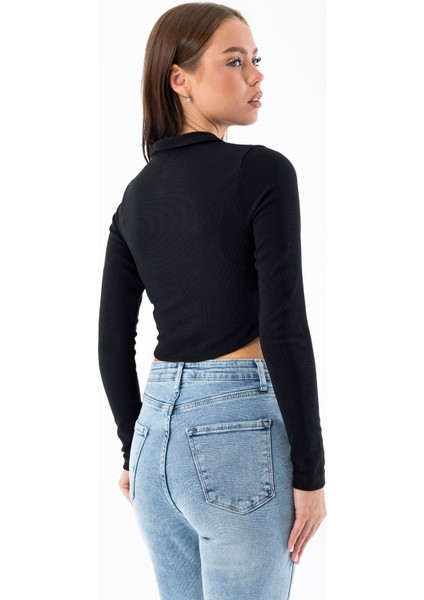 Kadın Polo Yaka Çift Fermuarlı Crop Sweatshirt Siyah - 26K 1785