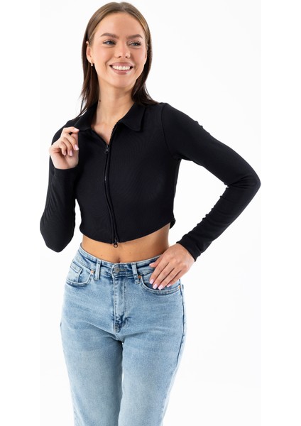 Kadın Polo Yaka Çift Fermuarlı Crop Sweatshirt Siyah - 26K 1785