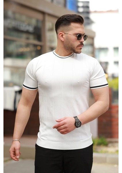 Erkek Bisiklet Yaka Çizgi Desenli Ribanalı Kısa Kollu Tshirt