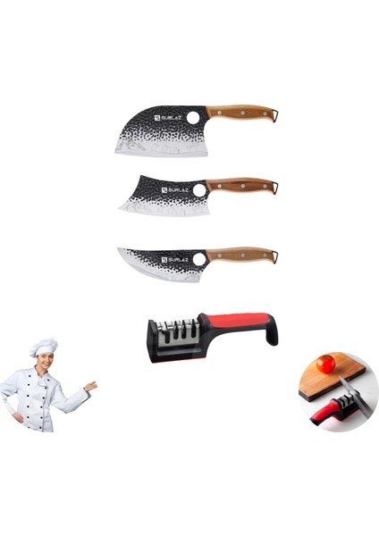 3’lü Almazan Şef Bıçak Seti + Profesyonel Bileme Aleti | Paslanmaz Çelik Viking & Cleaver & Chef Knife