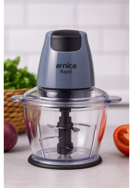 Mini Doğrayıcı 500W, 4 Bıçak, Paslanmaz Çelik, Şeffaf Hazne, Gri