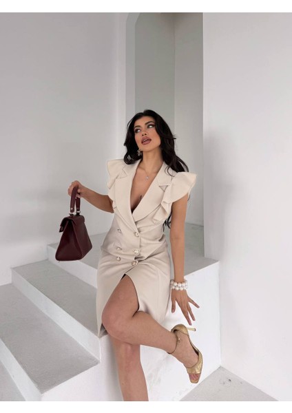 Kadın Kruvaze Yaka Fırfır Detaylı Elbise