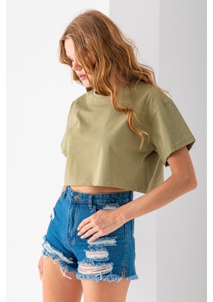 Kadın Bisiklet Yaka %100 Pamuk Basic Crop T-Shirt Haki - 925007