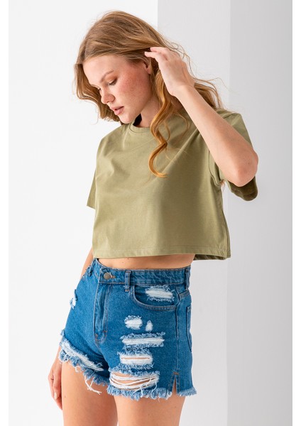 Kadın Bisiklet Yaka %100 Pamuk Basic Crop T-Shirt Haki - 925007 fiyatları