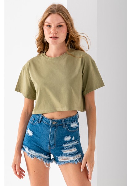 Kadın Bisiklet Yaka %100 Pamuk Basic Crop T-Shirt Haki - 925007 modelleri