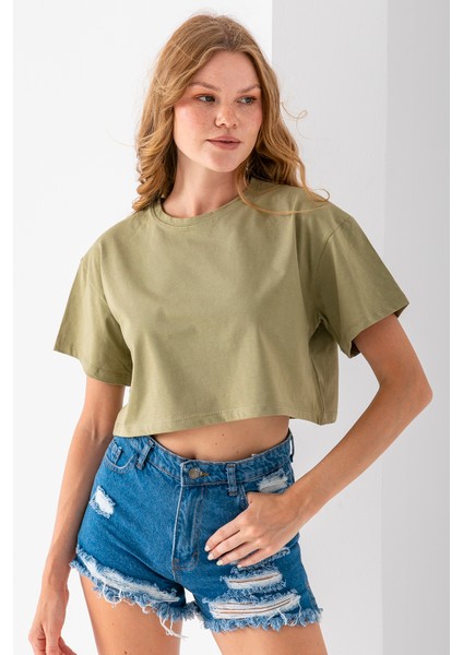 Kadın Bisiklet Yaka %100 Pamuk Basic Crop T-Shirt Haki - 925007 fırsatları