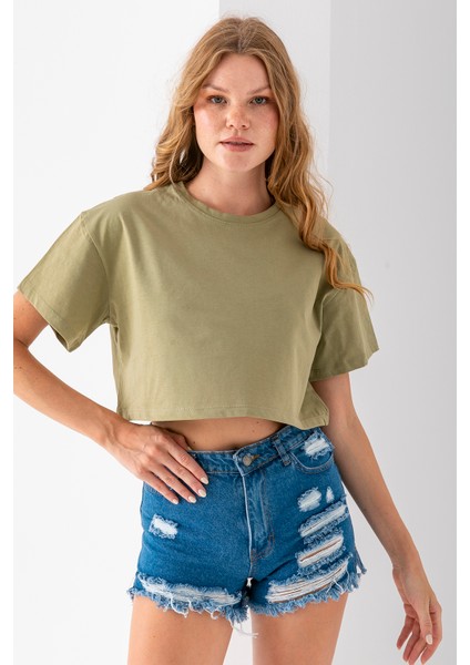Kadın Bisiklet Yaka %100 Pamuk Basic Crop T-Shirt Haki - 925007 indirimleri