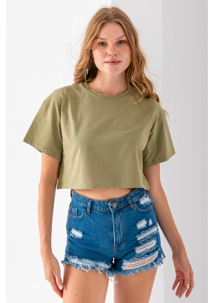 Kadın Bisiklet Yaka %100 Pamuk Basic Crop T-Shirt Haki - 925007