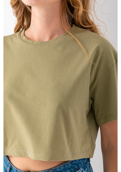 Kadın Bisiklet Yaka %100 Pamuk Basic Crop T-Shirt Haki - 925007