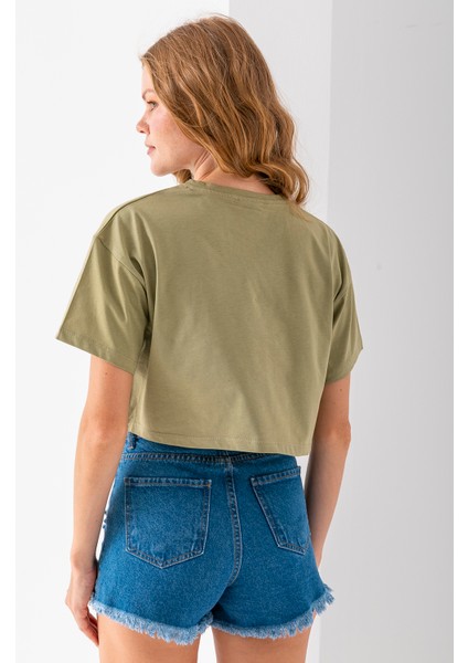 Kadın Bisiklet Yaka %100 Pamuk Basic Crop T-Shirt Haki - 925007