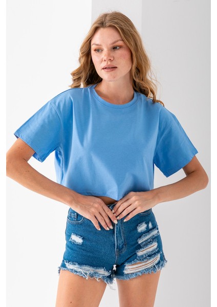 Kadın Bisiklet Yaka %100 Pamuk Basic Crop T-Shirt Mavi - 925007