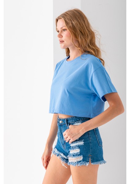 Kadın Bisiklet Yaka %100 Pamuk Basic Crop T-Shirt Mavi - 925007 fiyatları