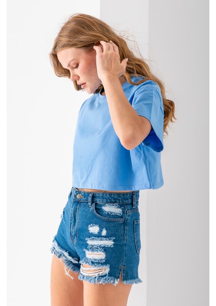 Kadın Bisiklet Yaka %100 Pamuk Basic Crop T-Shirt Mavi - 925007 modelleri