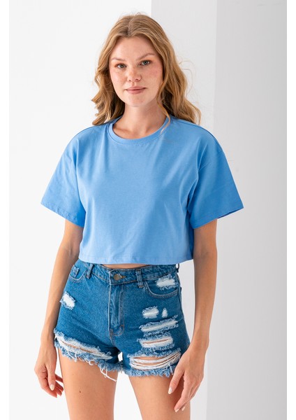 Kadın Bisiklet Yaka %100 Pamuk Basic Crop T-Shirt Mavi - 925007 fırsatları