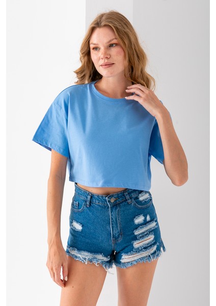 Kadın Bisiklet Yaka %100 Pamuk Basic Crop T-Shirt Mavi - 925007
