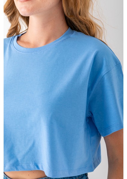 Kadın Bisiklet Yaka %100 Pamuk Basic Crop T-Shirt Mavi - 925007