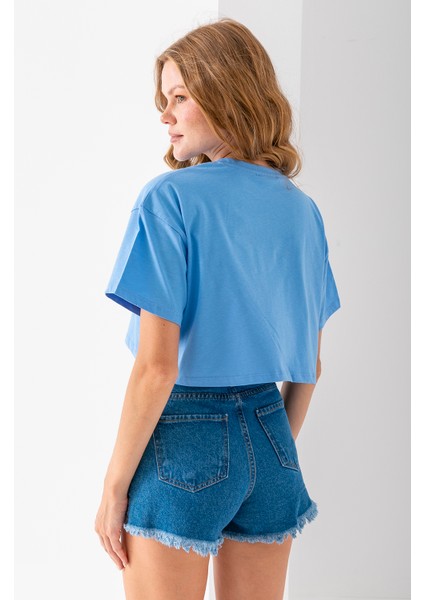 Kadın Bisiklet Yaka %100 Pamuk Basic Crop T-Shirt Mavi - 925007