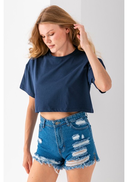 Kadın Bisiklet Yaka %100 Pamuk Basic Crop T-Shirt Lacivert - 925007