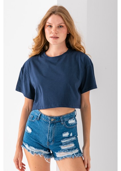 Kadın Bisiklet Yaka %100 Pamuk Basic Crop T-Shirt Lacivert - 925007 fiyatları