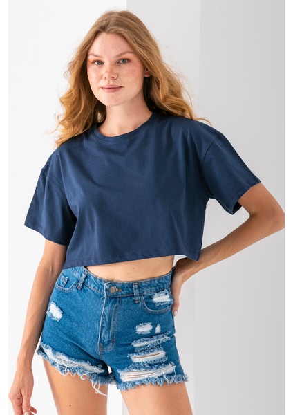 Kadın Bisiklet Yaka %100 Pamuk Basic Crop T-Shirt Lacivert - 925007 modelleri