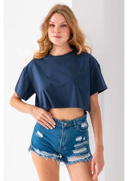 Kadın Bisiklet Yaka %100 Pamuk Basic Crop T-Shirt Lacivert - 925007 fırsatları