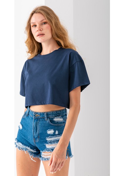 Kadın Bisiklet Yaka %100 Pamuk Basic Crop T-Shirt Lacivert - 925007 indirimleri