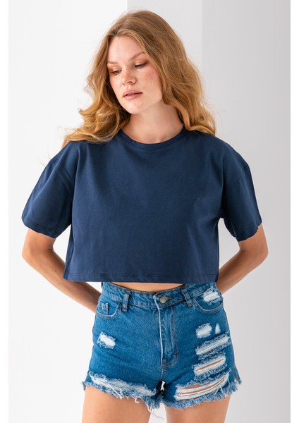 Kadın Bisiklet Yaka %100 Pamuk Basic Crop T-Shirt Lacivert - 925007