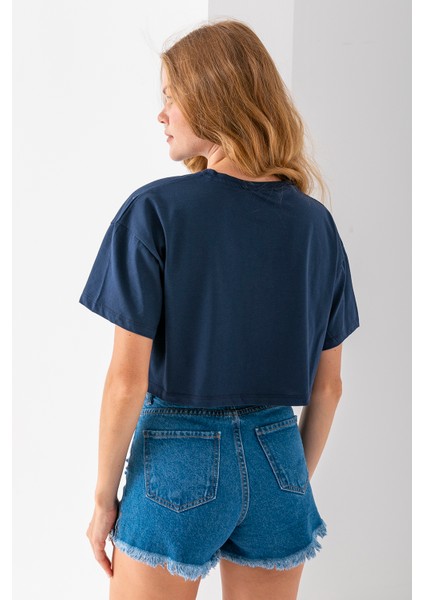 Kadın Bisiklet Yaka %100 Pamuk Basic Crop T-Shirt Lacivert - 925007
