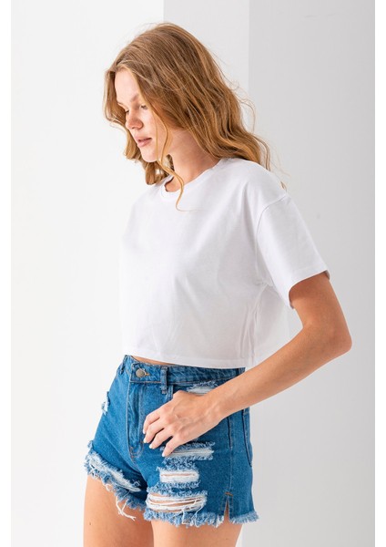 Kadın Bisiklet Yaka %100 Pamuk Basic Crop T-Shirt Beyaz - 925007