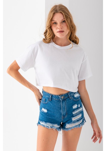 Kadın Bisiklet Yaka %100 Pamuk Basic Crop T-Shirt Beyaz - 925007 fiyatları