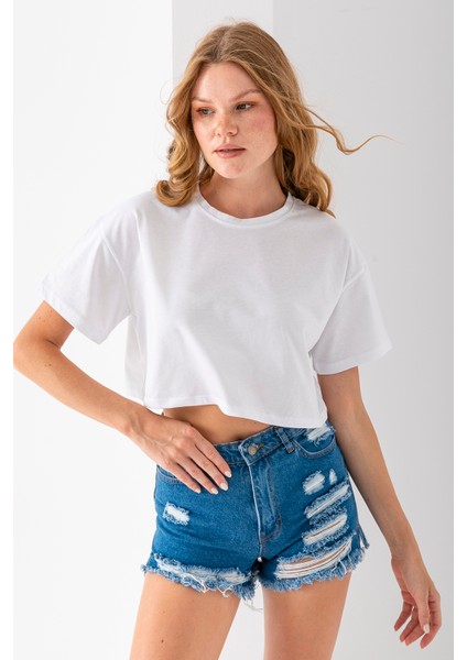 Kadın Bisiklet Yaka %100 Pamuk Basic Crop T-Shirt Beyaz - 925007 fırsatları