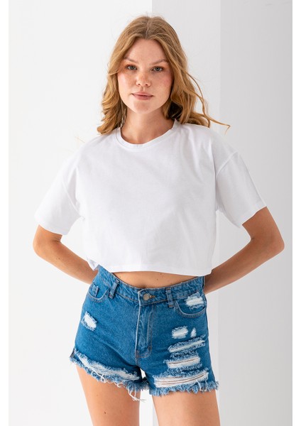 Kadın Bisiklet Yaka %100 Pamuk Basic Crop T-Shirt Beyaz - 925007 indirimleri