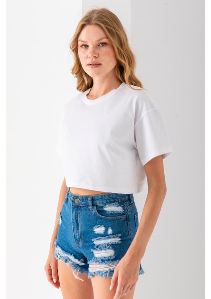 Kadın Bisiklet Yaka %100 Pamuk Basic Crop T-Shirt Beyaz - 925007
