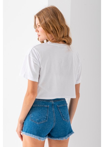 Kadın Bisiklet Yaka %100 Pamuk Basic Crop T-Shirt Beyaz - 925007
