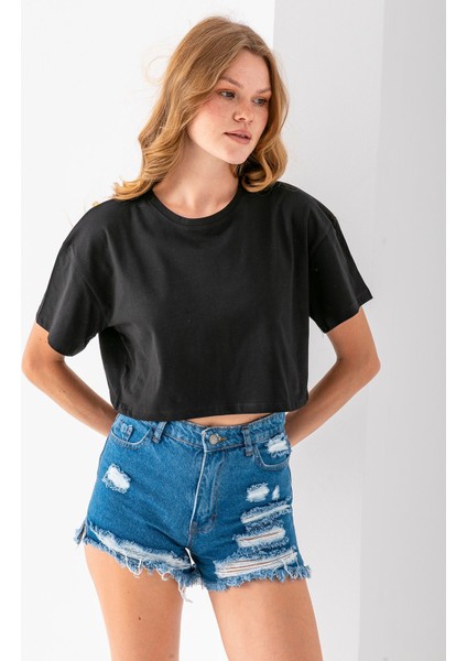 Kadın Bisiklet Yaka %100 Pamuk Basic Crop T-Shirt Siyah - 925007