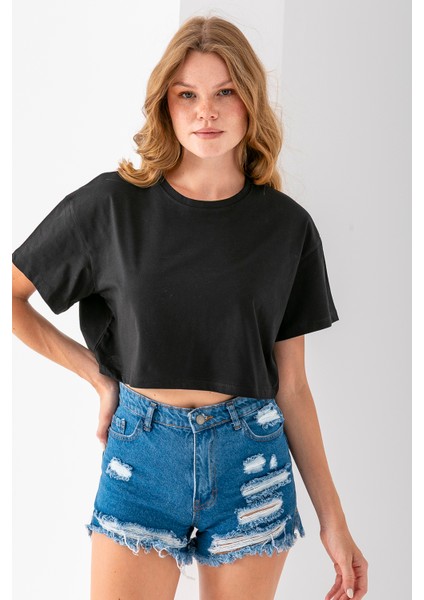 Kadın Bisiklet Yaka %100 Pamuk Basic Crop T-Shirt Siyah - 925007 fiyatları