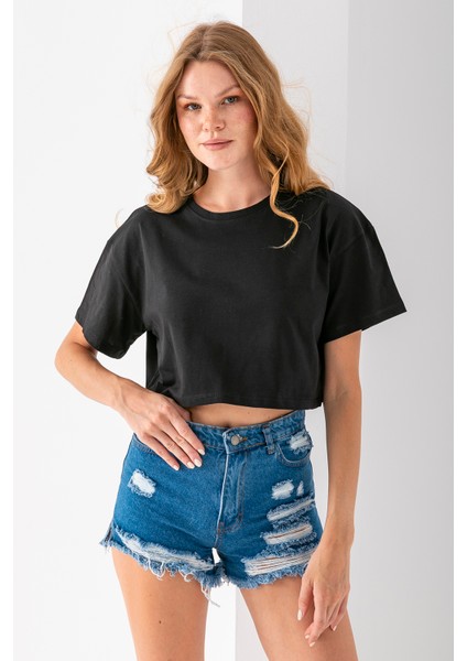Kadın Bisiklet Yaka %100 Pamuk Basic Crop T-Shirt Siyah - 925007 fırsatları