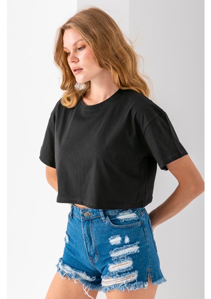 Kadın Bisiklet Yaka %100 Pamuk Basic Crop T-Shirt Siyah - 925007
