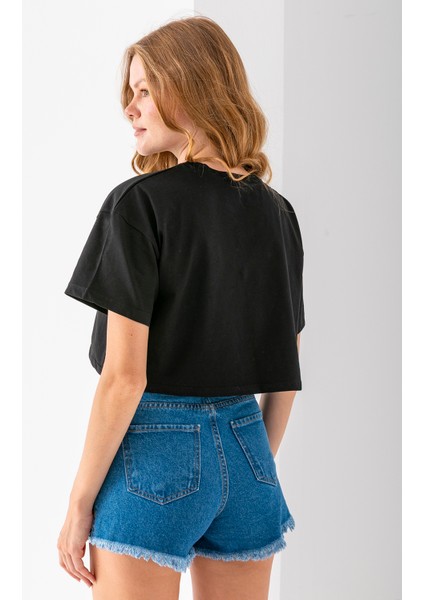 Kadın Bisiklet Yaka %100 Pamuk Basic Crop T-Shirt Siyah - 925007
