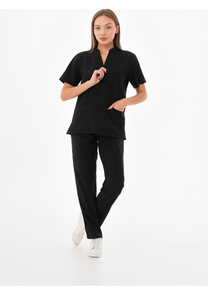 Kadın Likralı Siyah Takma Kol Fermuar Detaylı Cerrahi Takım Scrubs Üniforma Cerrahi Forma