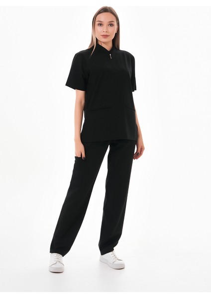 Kadın Likralı Siyah Takma Kol Fermuar Detaylı Cerrahi Takım Scrubs Üniforma Cerrahi Forma fiyatları